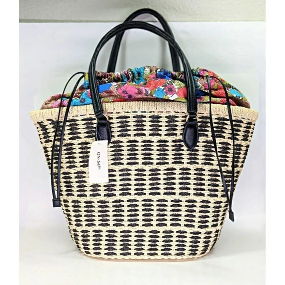 On 34th Isabellaa Women's Straw Medium Drawstring Tote Botanical (MSRP $130)
